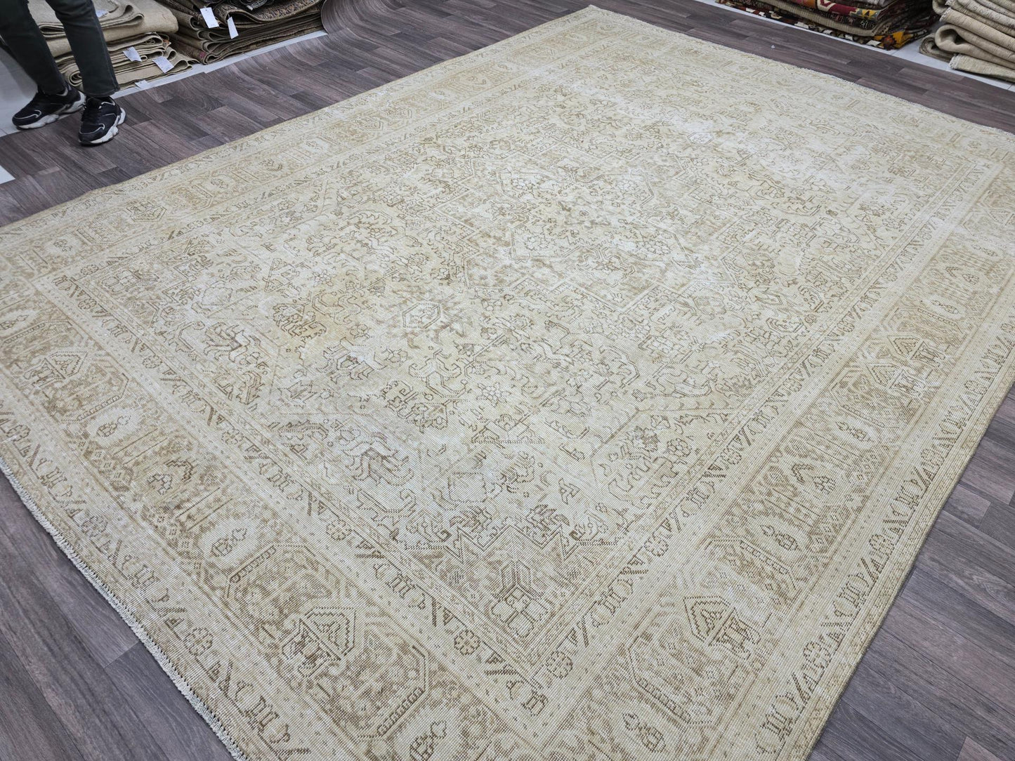 Vintage Turkish Oushak Area Rug | Muted Beige Hand-Knotted Wool Carpet | Large 9'4" x 12'3" Traditional Oriental Design