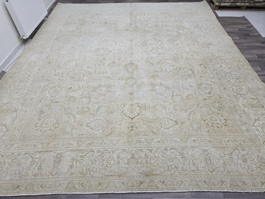 SOLD OUT-Neutral Area Rug/ Oversized Vintage Carpet/ Extra Large Natural Wool Rug For Livingroom/ Muted Turkish Oushak Rug/ 11.30x13.50 feet