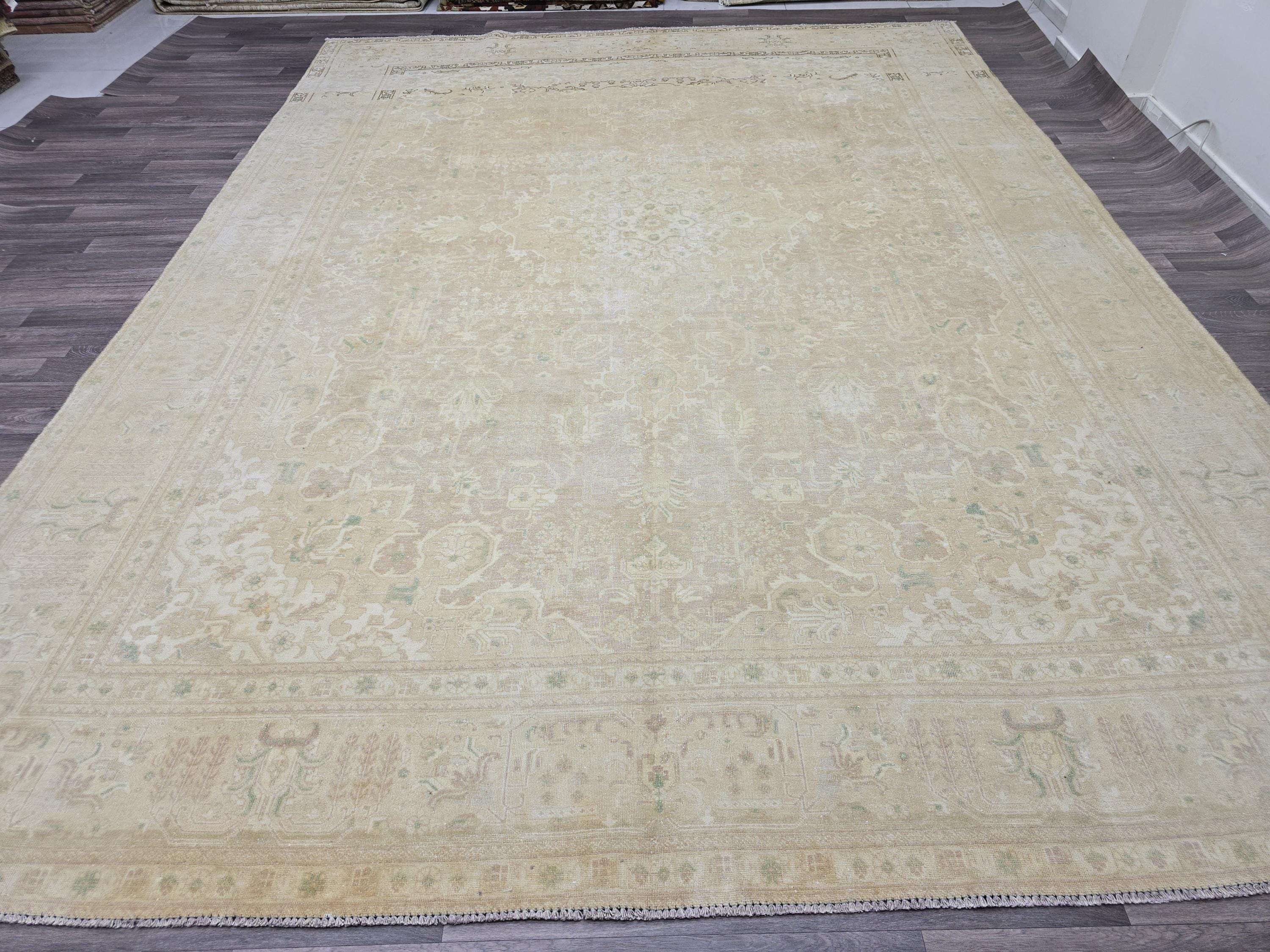 Large Vintage Handwoven Turkish Oushak Wool Rug: 9.6x12.6 ft