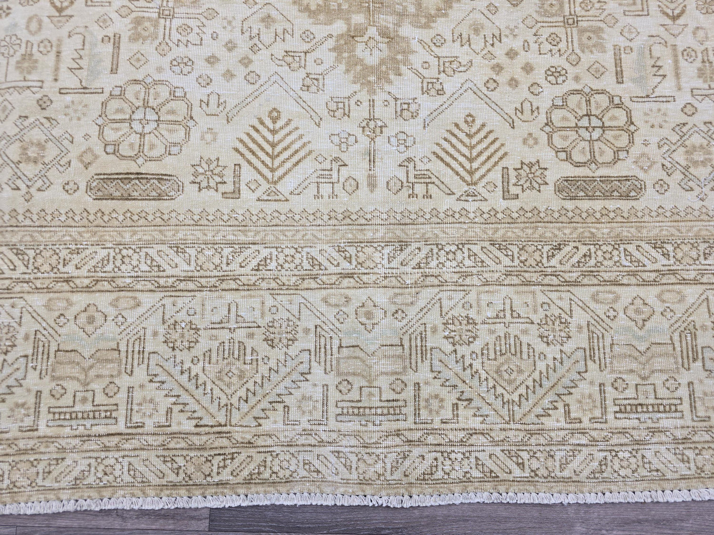 Vintage Handwoven Wool Rug | Neutral Beige Persian Style Carpet | Large Area Rug 9'6" x 12'1" | Geometric Tribal Pattern Heriz Rug Cream