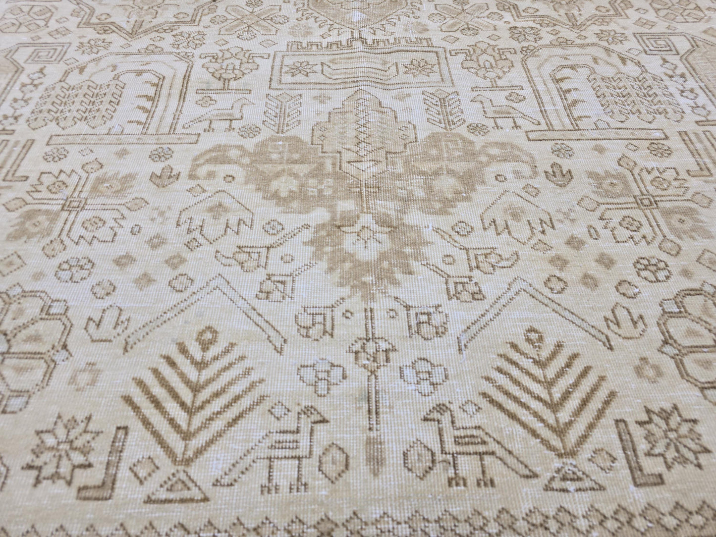 Vintage Handwoven Wool Rug | Neutral Beige Persian Style Carpet | Large Area Rug 9'6" x 12'1" | Geometric Tribal Pattern Heriz Rug Cream