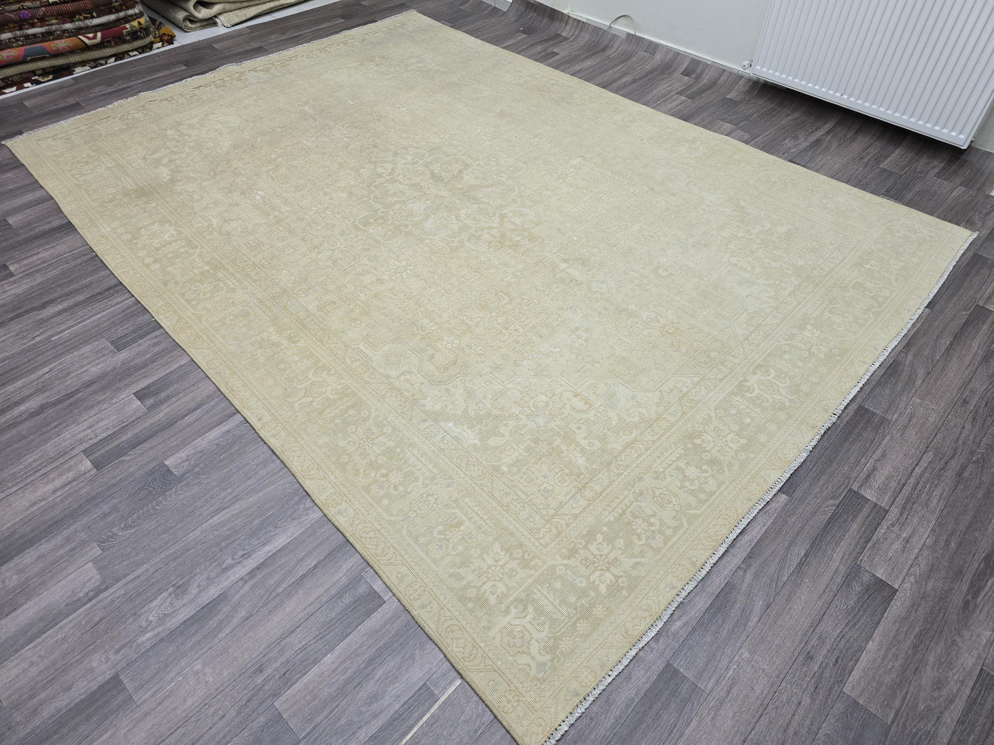 8x11 Neutral Vintage Turkish Rug | Handwoven Oushak Area Rug | Beige Cream Distressed Oriental Carpet | Large Living Room Rug