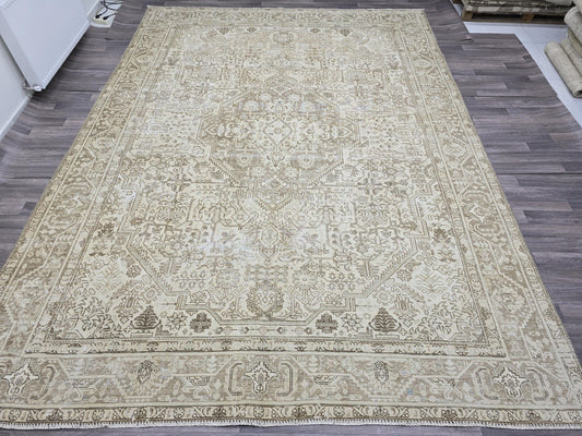 9.3x12.45 ft Vintage Oushak Rug | Neutral Beige Hand-Knotted Turkish Area Rug | Large Geometric Living Room Carpet | FREE SHIPPING