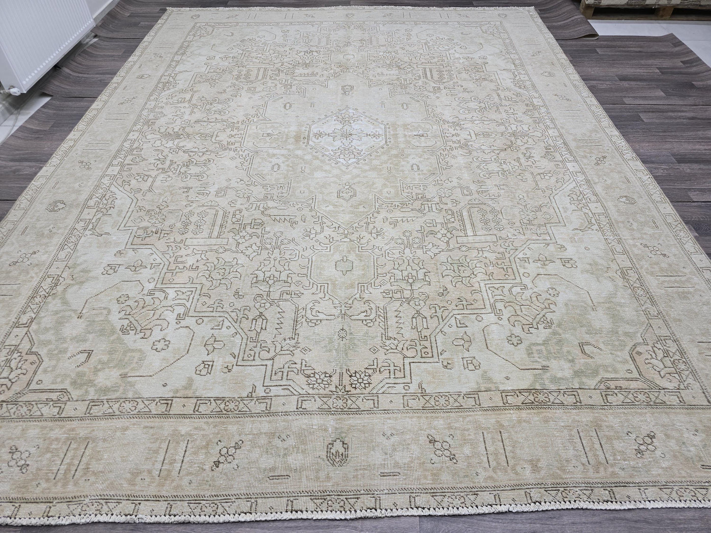 Vintage Turkish Oushak Rug | 9.45x12.25 ft | Neutral Beige Large Area Rug | Handwoven Anatolian Carpet