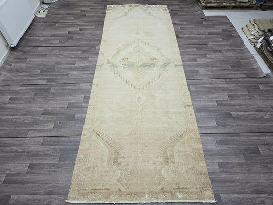 4.55x13.30 feet Vintage Turkish Runner Rug, Neutral Beige Hallway Runner, Handwoven Wool Runner, Minimalist Runner Carpet