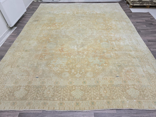 10x13 Vintage Turkish Oushak Rug 10x12.7 ft, Neutral Beige Large Area Rug, Oversized Antique Handmade Carpet