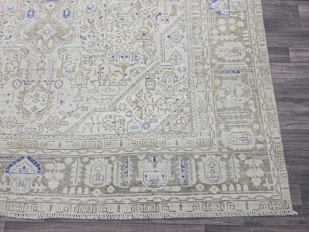 Vintage Turkish Oushak Rug 9x12: Hand-Knotted Wool, Beige & Blue