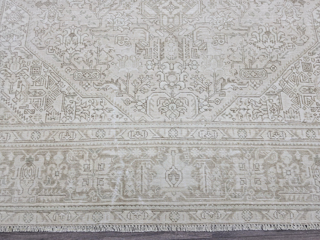Vintage Neutral Wool Rug: 9.30x12.25 ft, Hand-Woven Distressed Turkish Carpet
