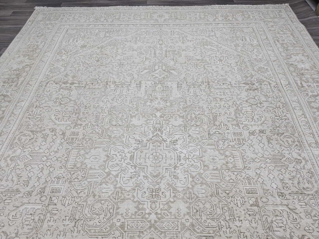 Vintage Neutral Wool Rug: 9.30x12.25 ft, Hand-Woven Distressed Turkish Carpet