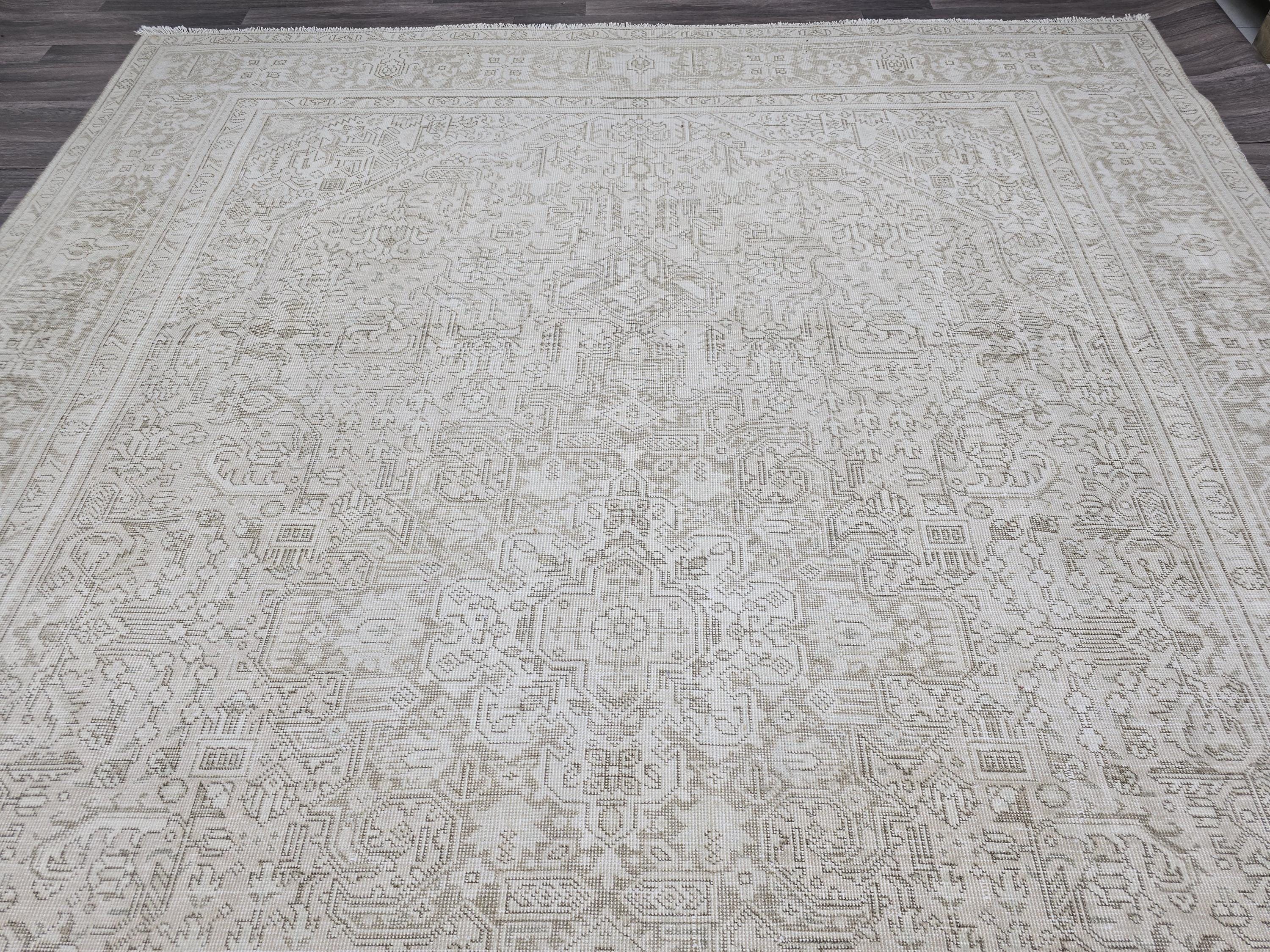 Vintage Neutral Wool Rug: 9.30x12.25 ft, Hand-Woven Distressed Turkish Carpet