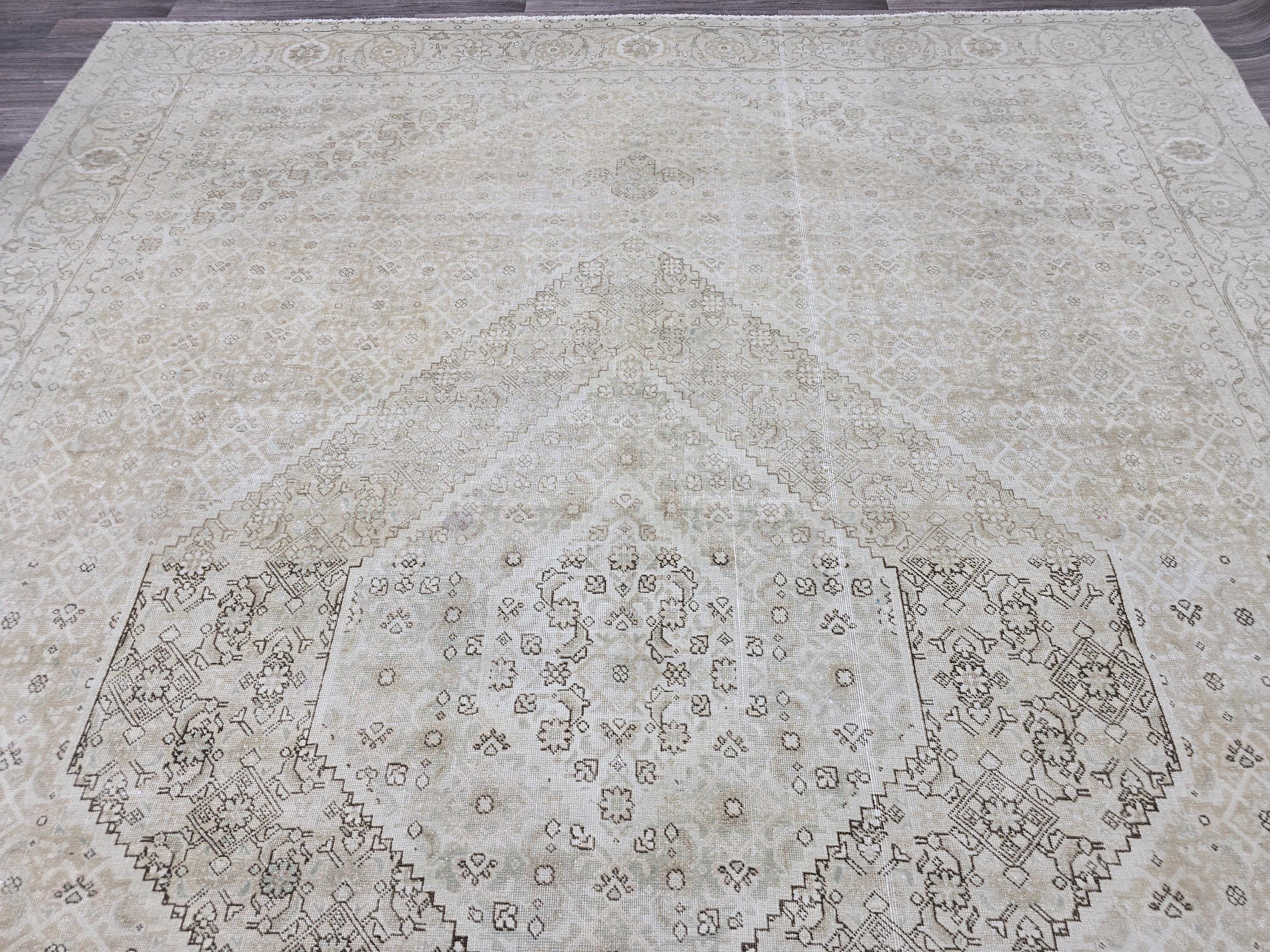 10x12 Heriz Rug: Neutral Vintage Wool Area Rug