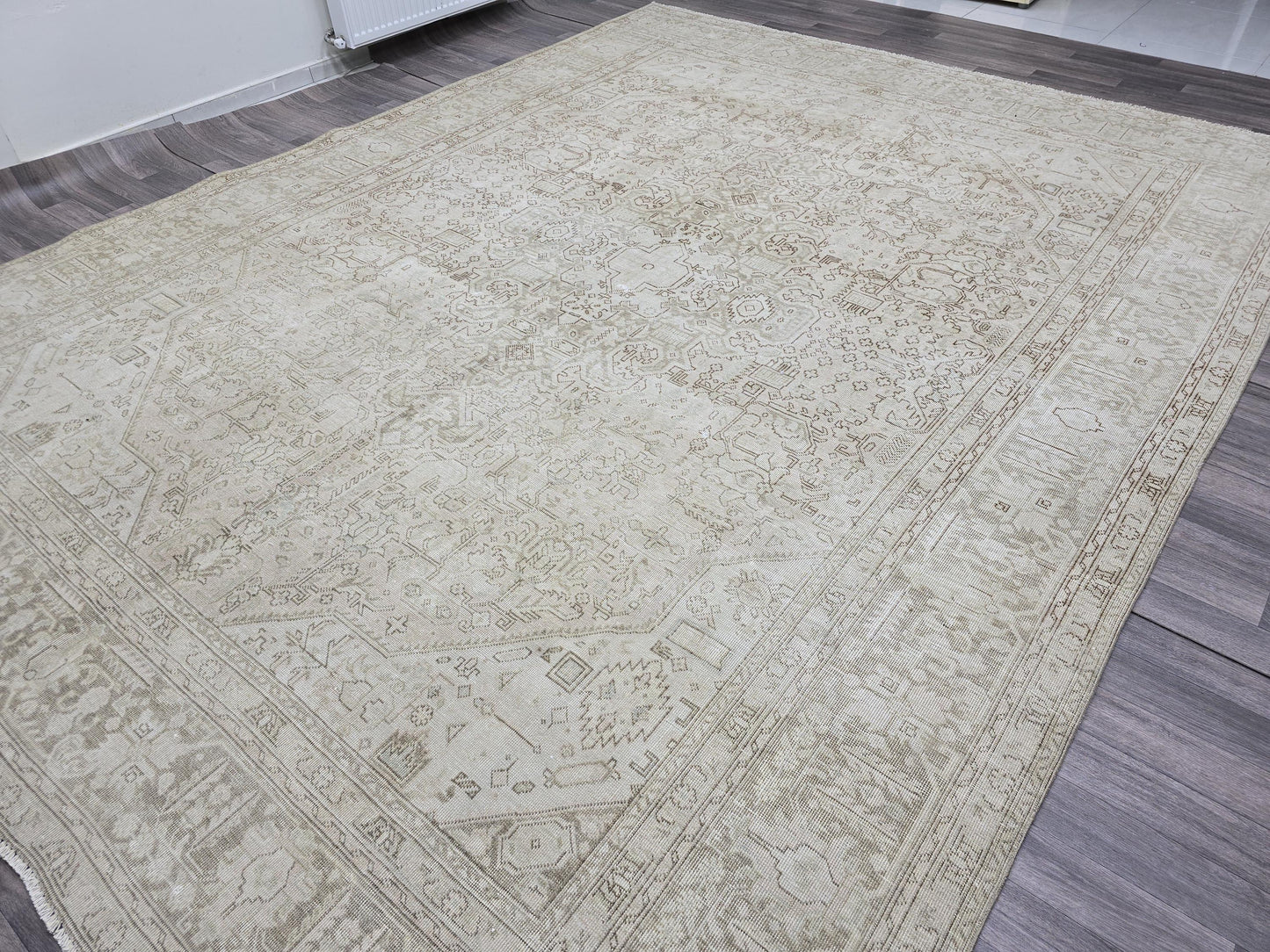 10x12 Neutral Vintage Hand-Knotted Geometric Rug - Beige & Brown | Faded Tan Hue | Large Area Rug 9.6x12.4 ft Heriz Carpet