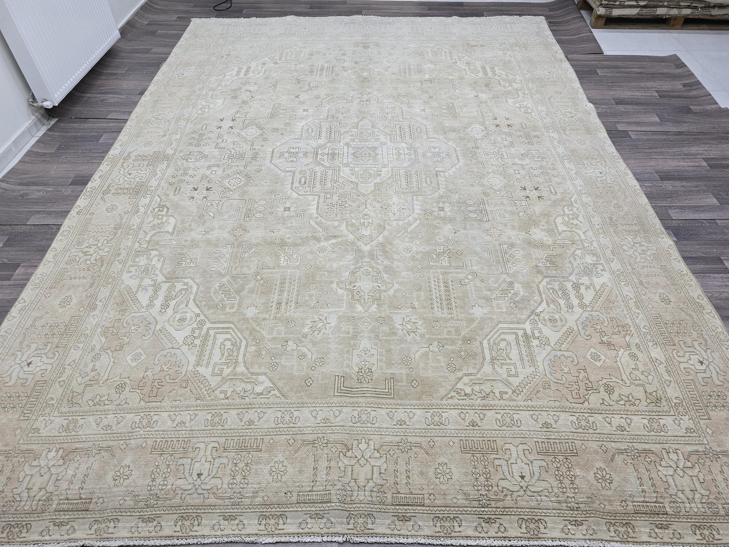 9x12 Neutral Beige Turkish Oushak Rug | Large Vintage Hand Knotted Wool Area Rug | Geometric Living Room Rug | Oversized Anatolian Carpet
