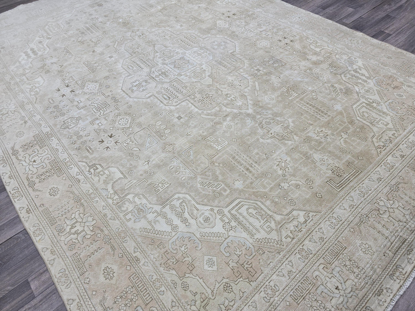 9x12 Neutral Beige Turkish Oushak Rug | Large Vintage Hand Knotted Wool Area Rug | Geometric Living Room Rug | Oversized Anatolian Carpet