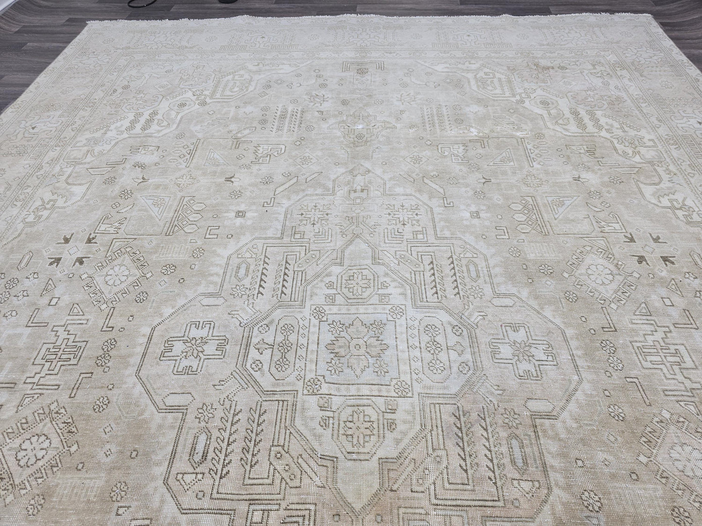 9x12 Neutral Beige Turkish Oushak Rug | Large Vintage Hand Knotted Wool Area Rug | Geometric Living Room Rug | Oversized Anatolian Carpet