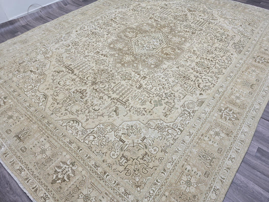 9x12 Vintage Area Rug -  Turkish Oushak Rug 9.6x12.5 ft | Neutral Beige Persian Area Rug | Oversized Anatolian Living Room Rug