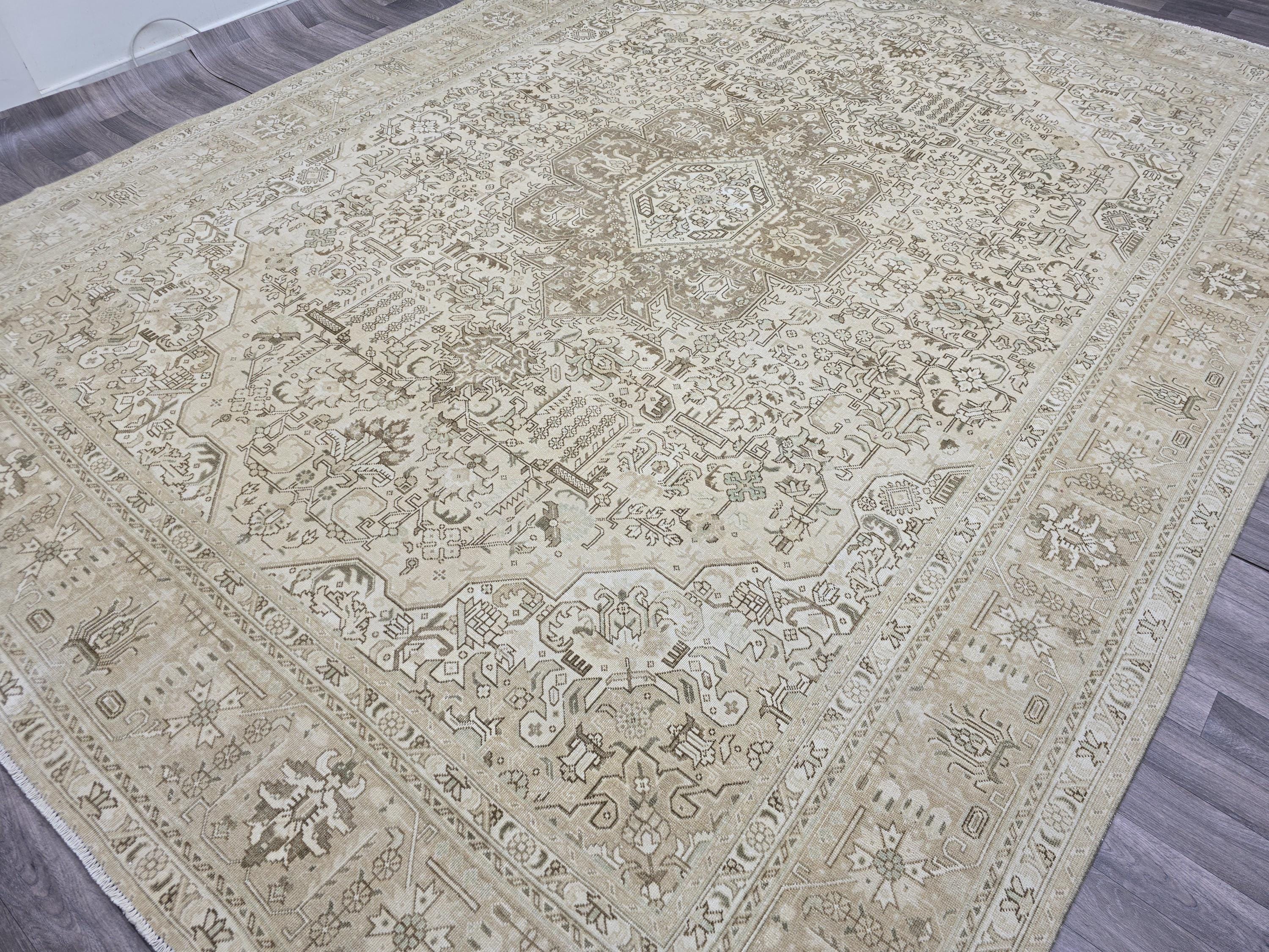 Oversized Vintage Turkish Oushak Rug: 9.6x12.5 ft, Neutral Beige Wool