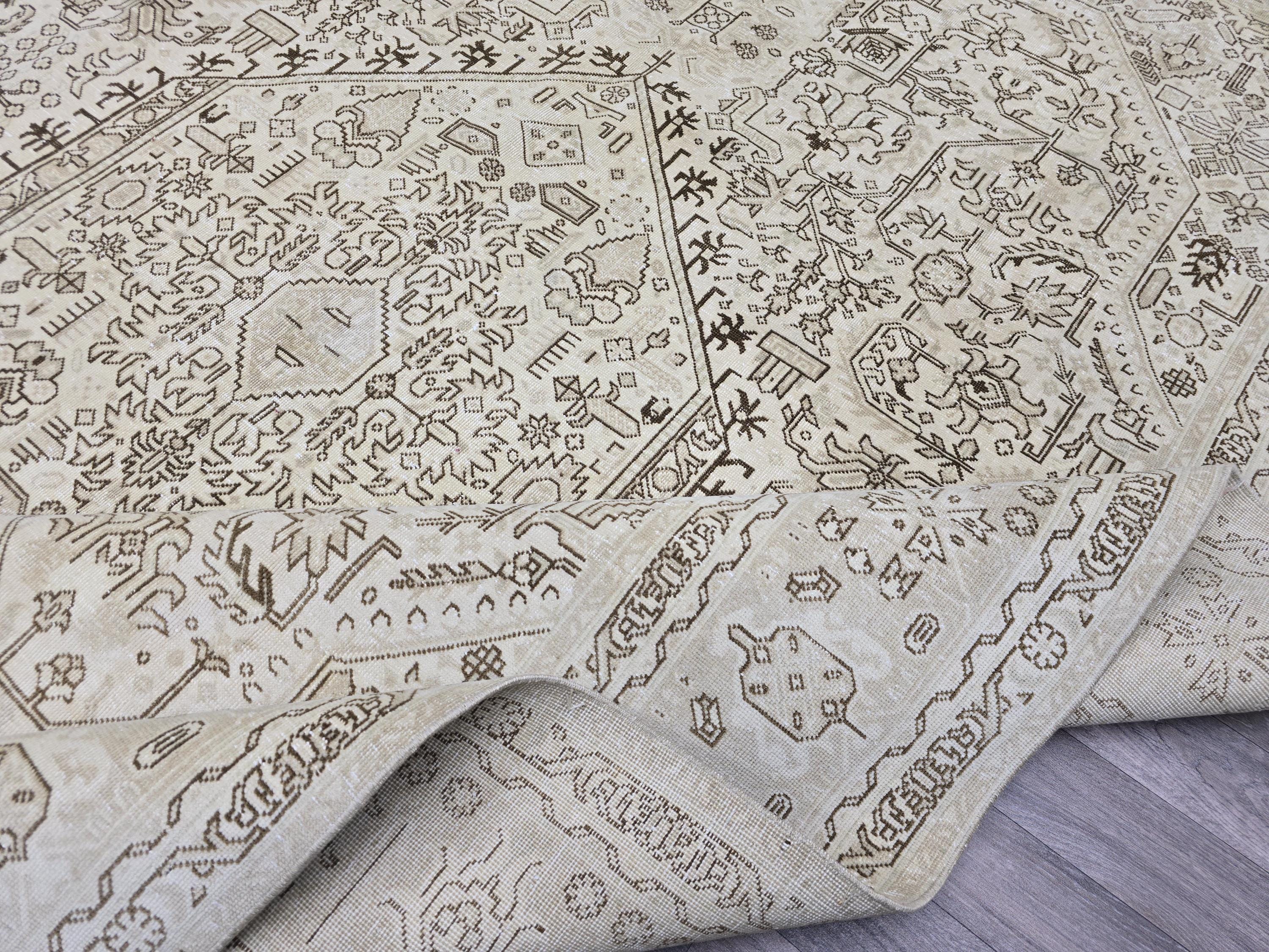 8x11 ft Neutral Oushak Rug: Hand-Knotted Wool Vintage Carpet