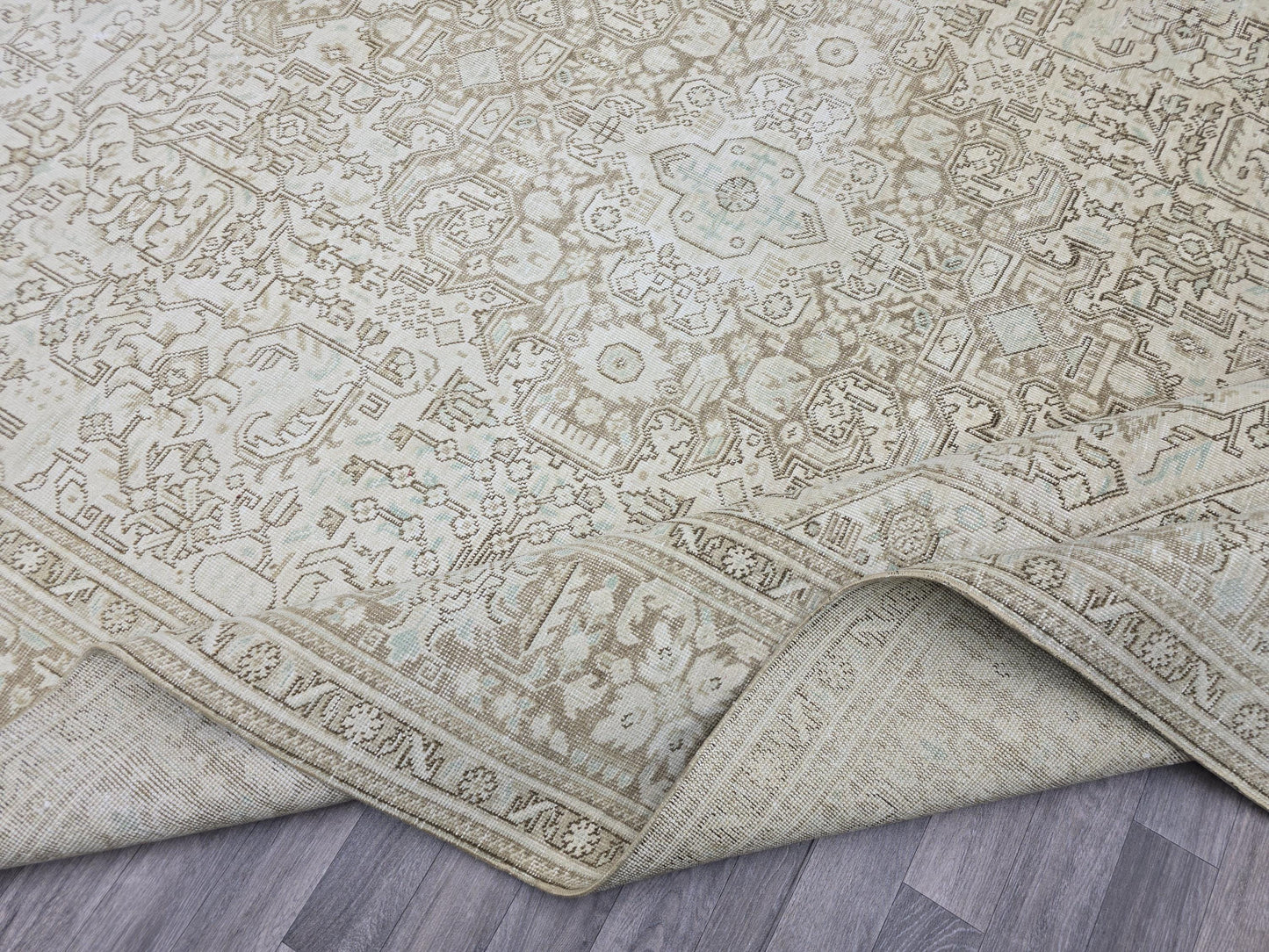 9x12 Oversize Neutral Vintage Heriz Area Rug Beige/Cream Brown Geometric / Tabriz Rug / Muted Oushak Rug
