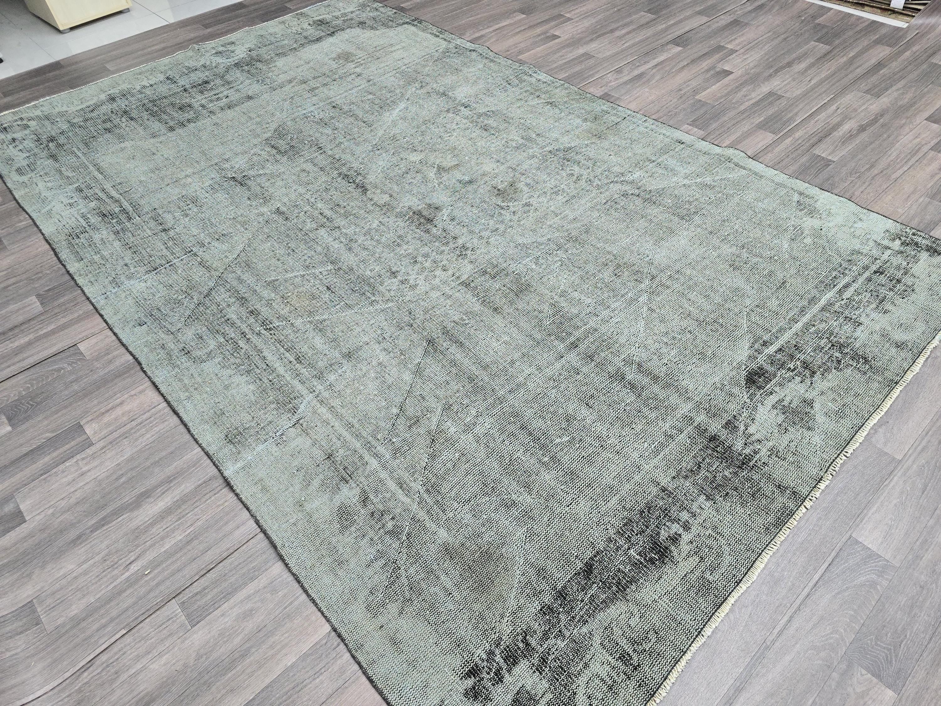 Vintage Turkish Overdyed Rug: Mint Green Distressed Bohemian Carpet (6.7x10.8 ft)