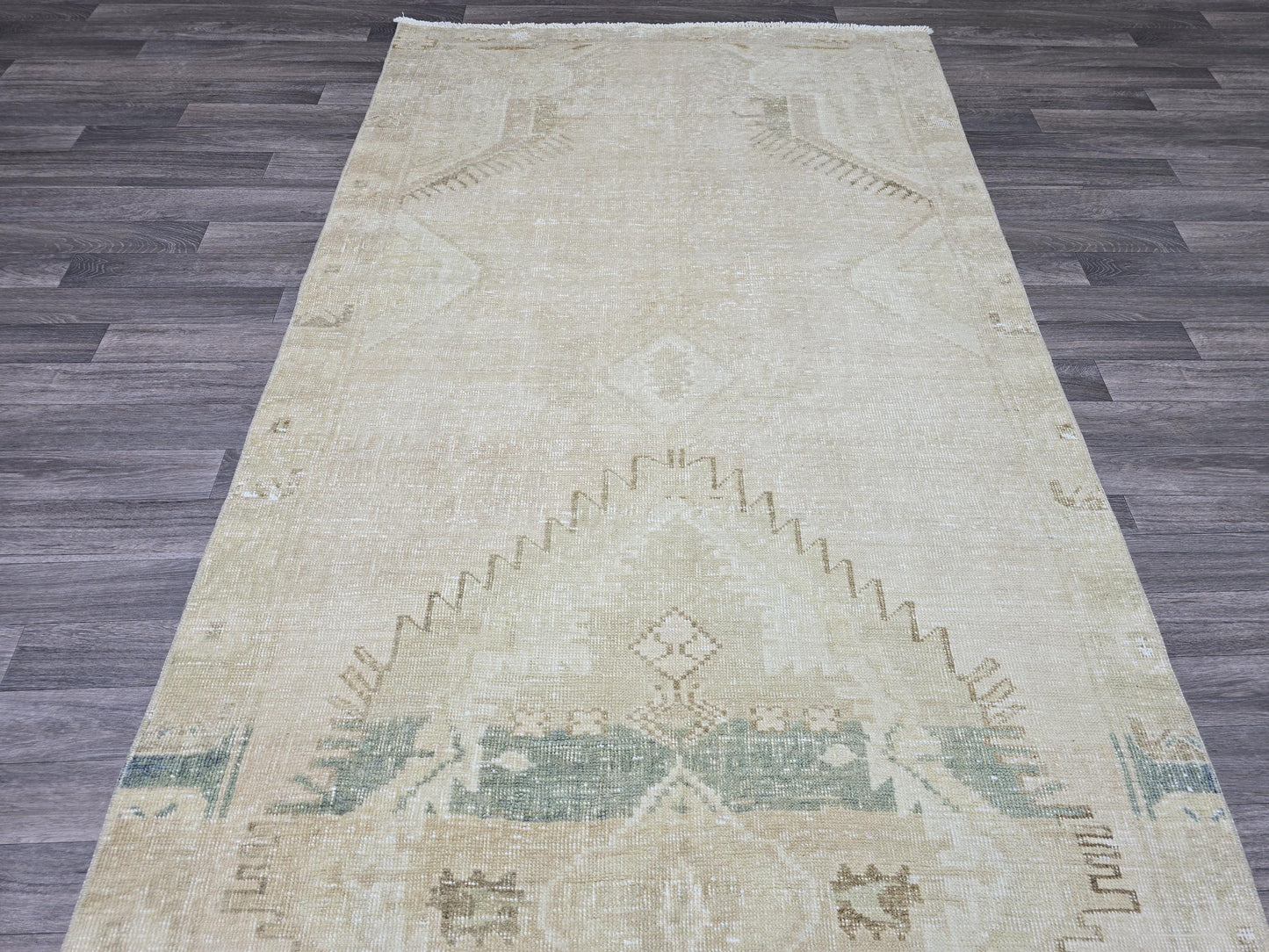 4.55x13.30 feet Vintage Turkish Runner Rug, Neutral Beige Hallway Runner, Handwoven Wool Runner, Minimalist Runner Carpet