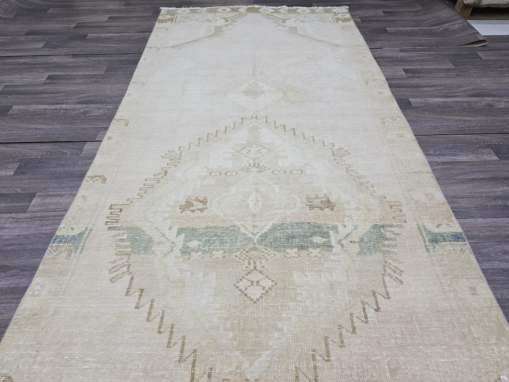 Vintage Turkish Runner Rug: 4.55x13.30 Beige Wool Hallway Carpet