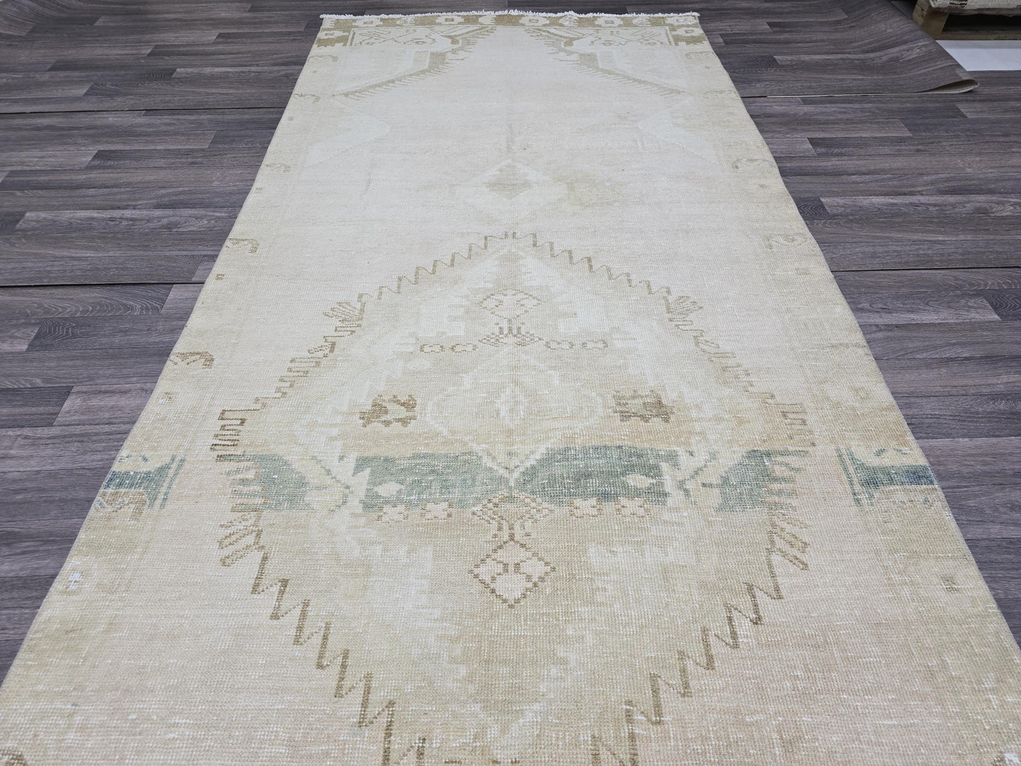 4.55x13.30 feet Vintage Turkish Runner Rug, Neutral Beige Hallway Runner, Handwoven Wool Runner, Minimalist Runner Carpet
