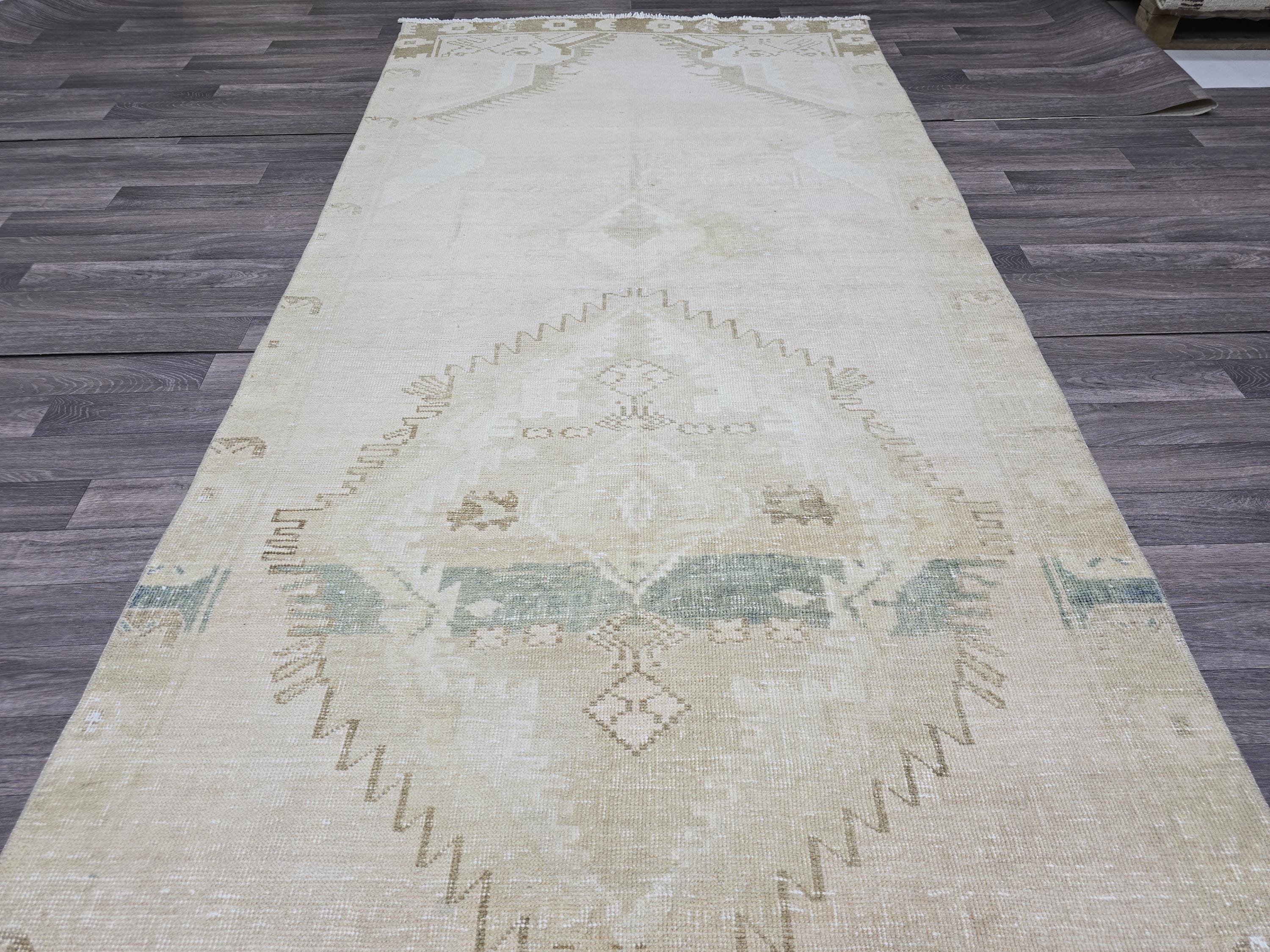 Vintage Turkish Runner Rug: 4.55x13.30 Beige Wool Hallway Carpet