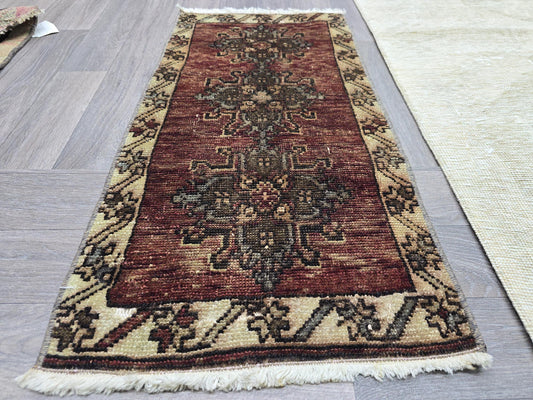 Vintage Turkish Small Rug 2x3, Handmade Wool Door Mat, Antique Oushak Entry Rug, Brown Beige Oriental Runner
