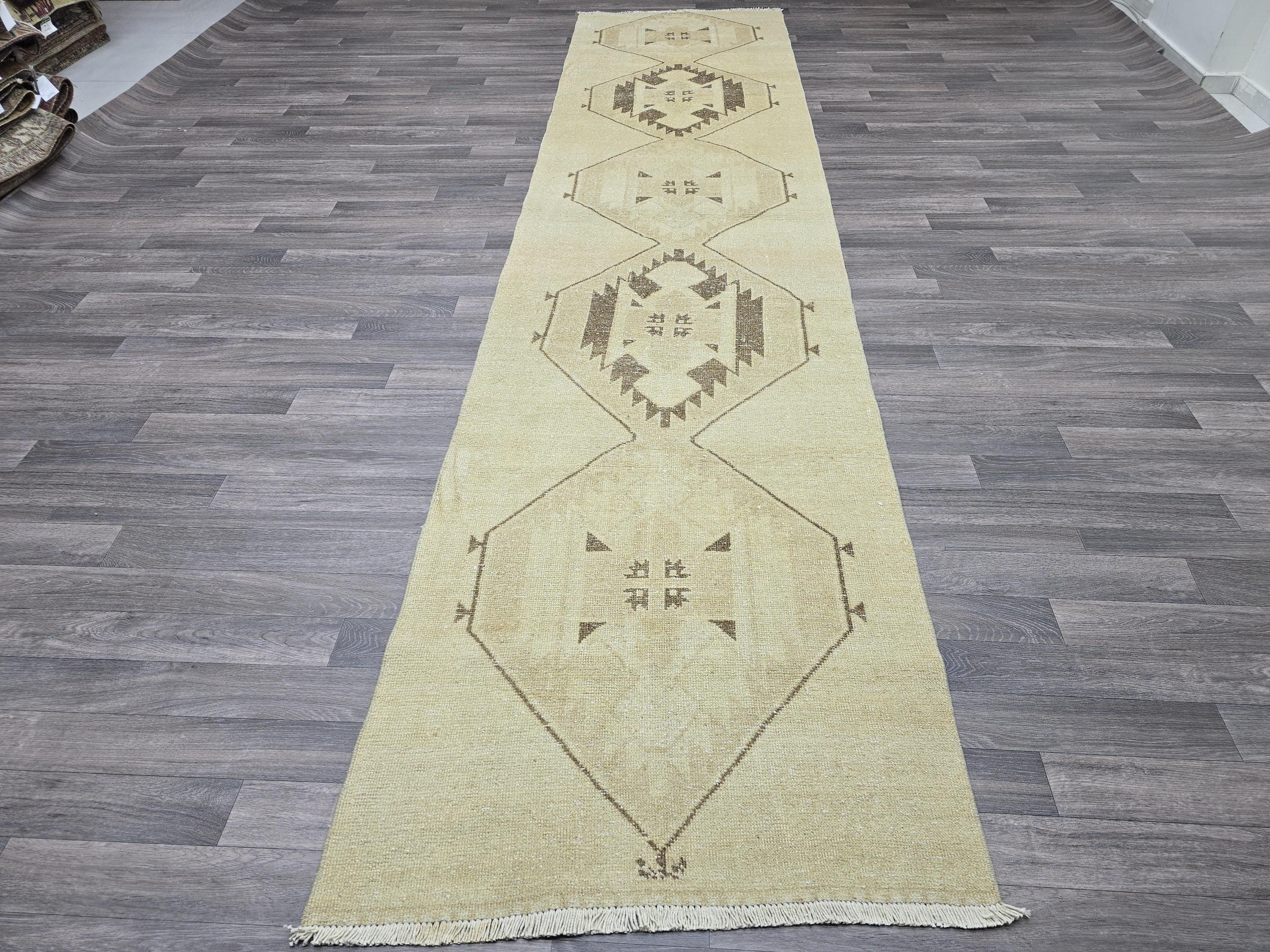 3x13 Hand Knotted Vintage Turkish Runner Neutral Colors Muted Oushak Runner