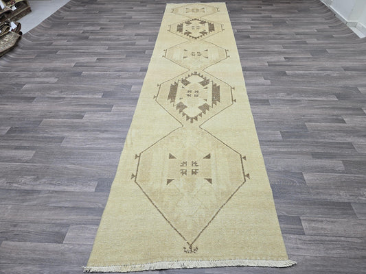 3x13 Hand Knotted Vintage Turkish Runner Neutral Colors Muted Oushak Runner