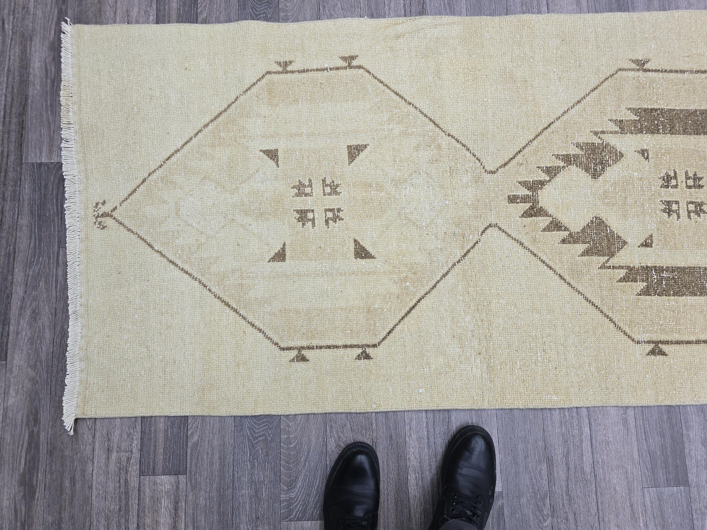 3x13 Hand Knotted Vintage Turkish Runner Neutral Colors Muted Oushak Runner