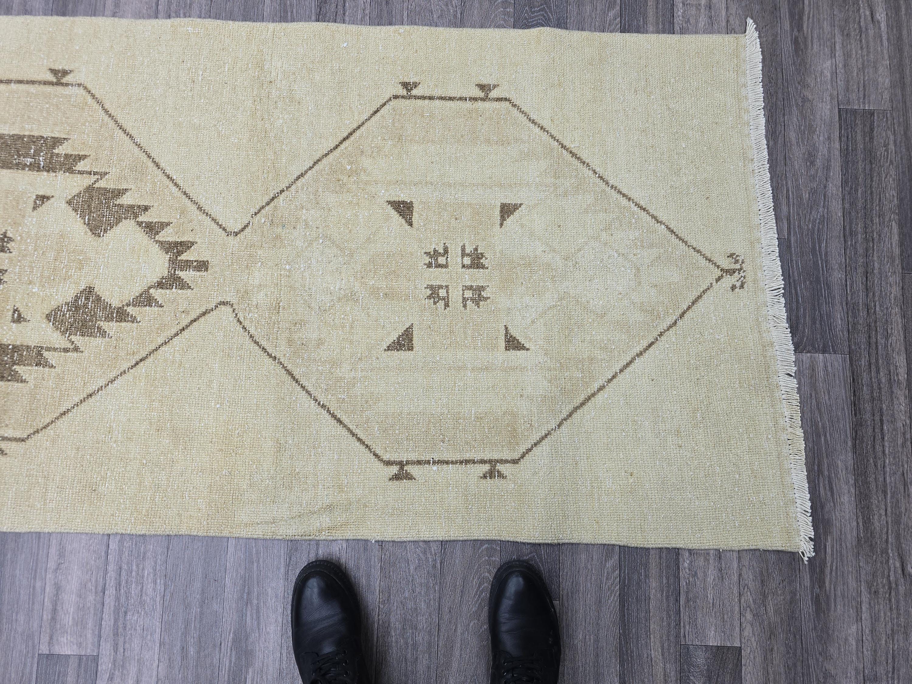 3x13 Hand Knotted Vintage Turkish Runner Neutral Colors Muted Oushak Runner