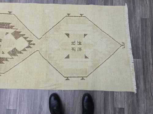 3x13 Hand Knotted Vintage Turkish Runner Neutral Colors Muted Oushak Runner