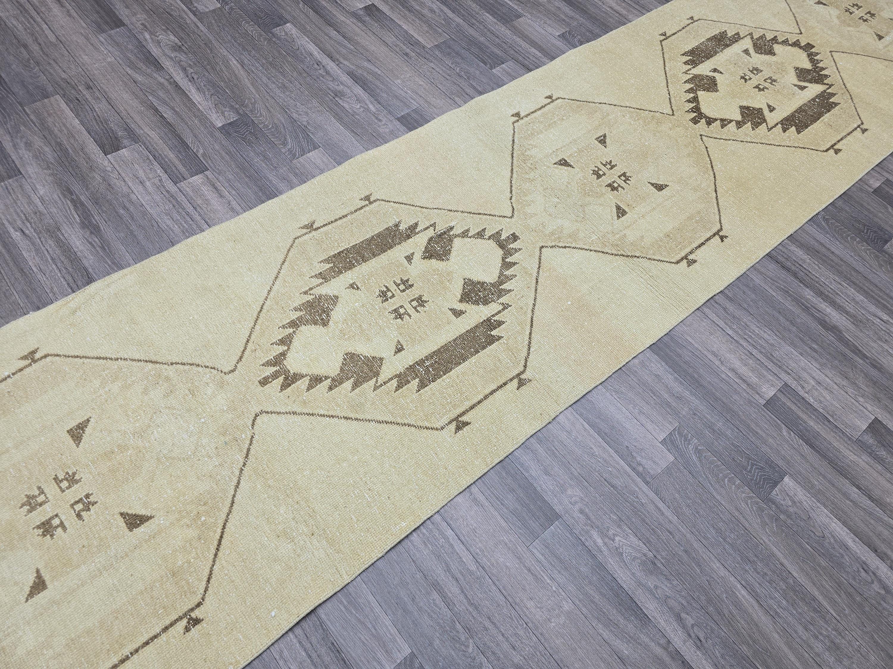 3x13 Hand Knotted Vintage Turkish Runner Neutral Colors Muted Oushak Runner