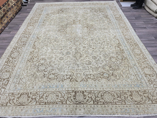Vintage Turkish Rug 9x12 Beige Oushak Carpet, Handmade Wool Area Rug, Large Neutral Living Room Rug