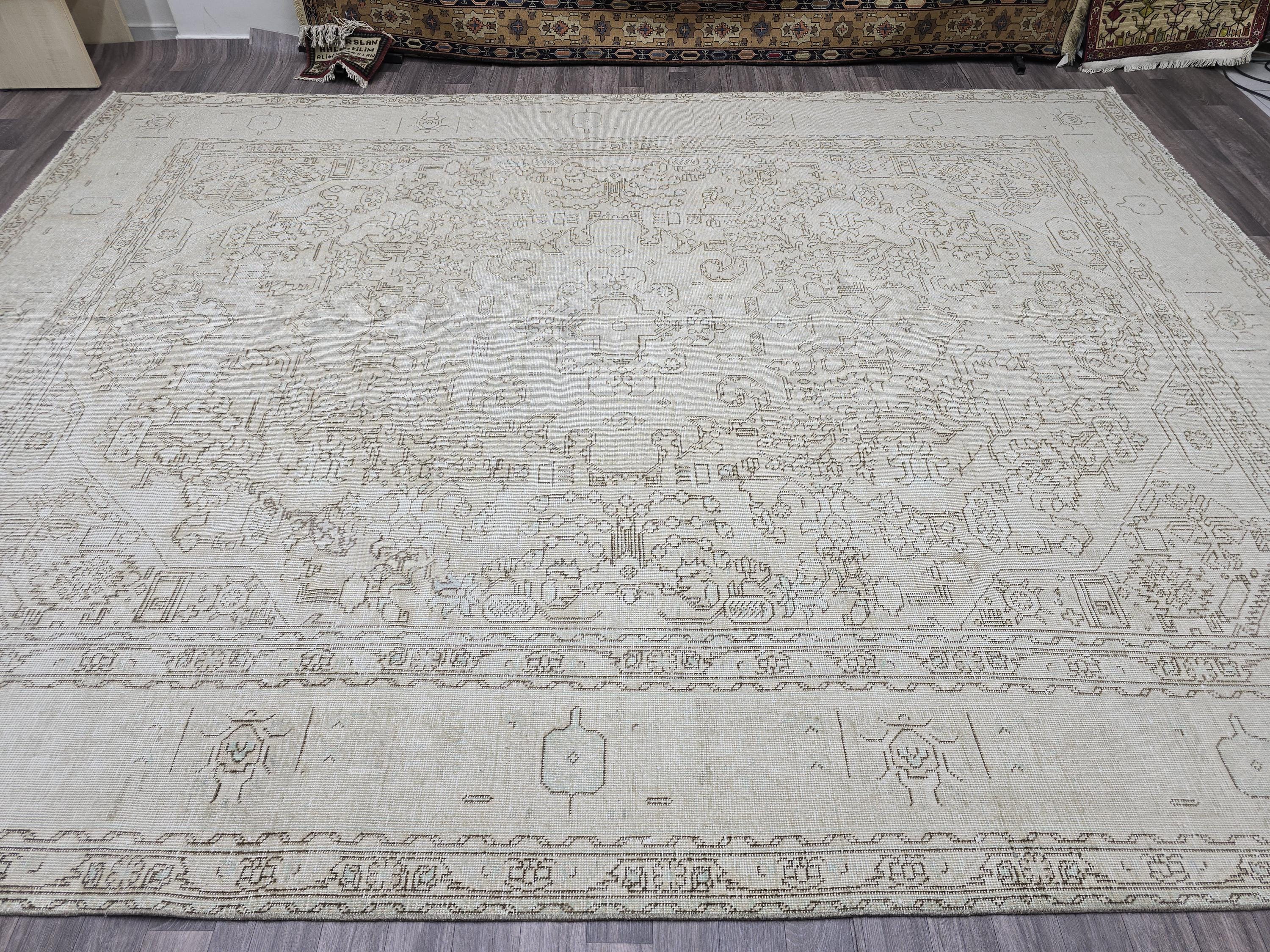 9x12 Vintage Turkish Oushak Rug: Distressed Beige Farmhouse Area Rug