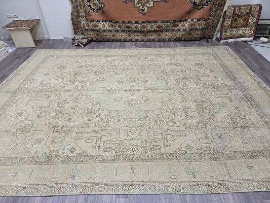 9x12 Vintage Neutral Oushak Area Rug / 9.35x12.60 feet / Hand Knotted Wool Turkish  Rug - Extra Rug for Bedroom Aesthetic - Boho Area Rug