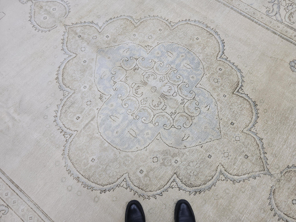 Vintage Handwoven Wool Turkish Rug 9x12: Cream Floral Medallion