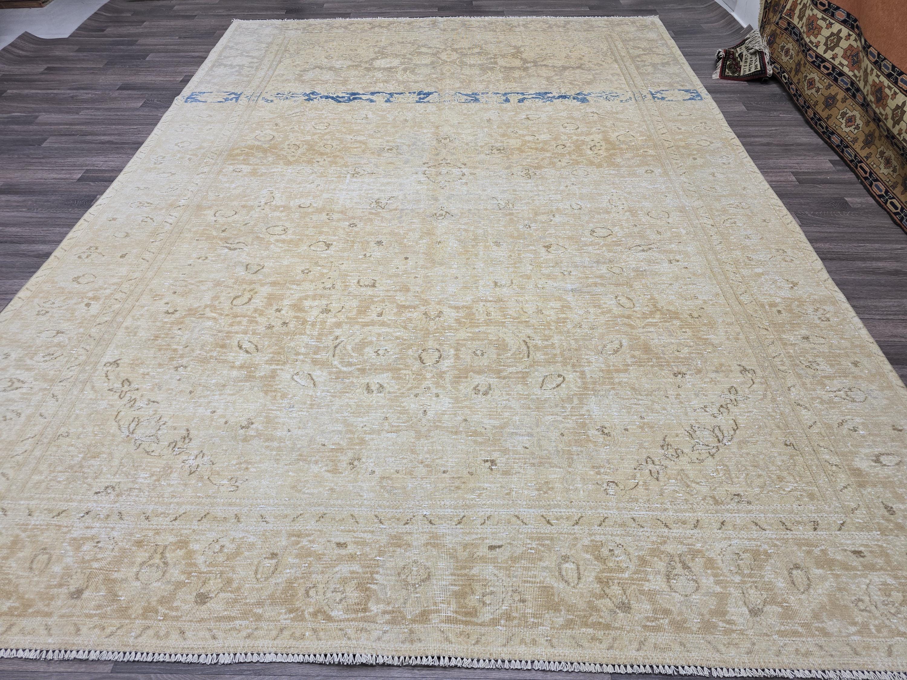 Vintage Turkish Oushak Rug 9x12: Handmade Wool Cream & Blue Boho Carpet