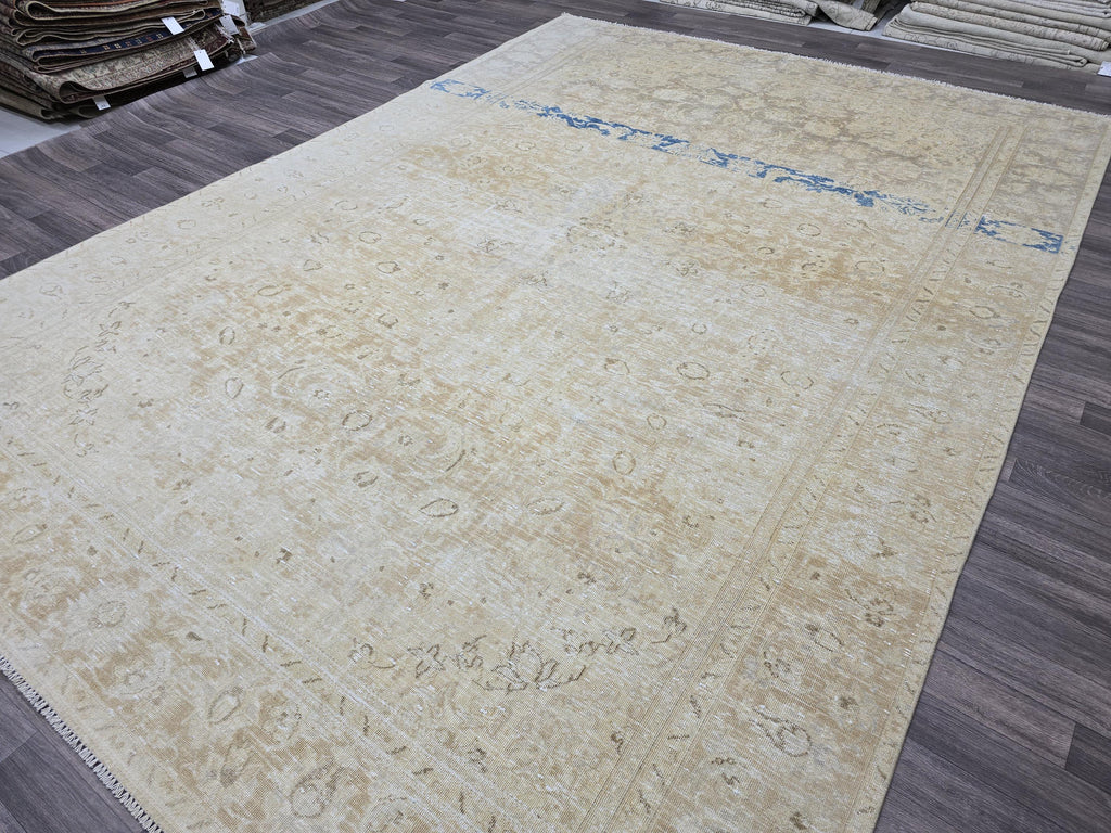 Vintage Turkish Oushak Rug 9x12: Handmade Wool Cream & Blue Boho Carpet