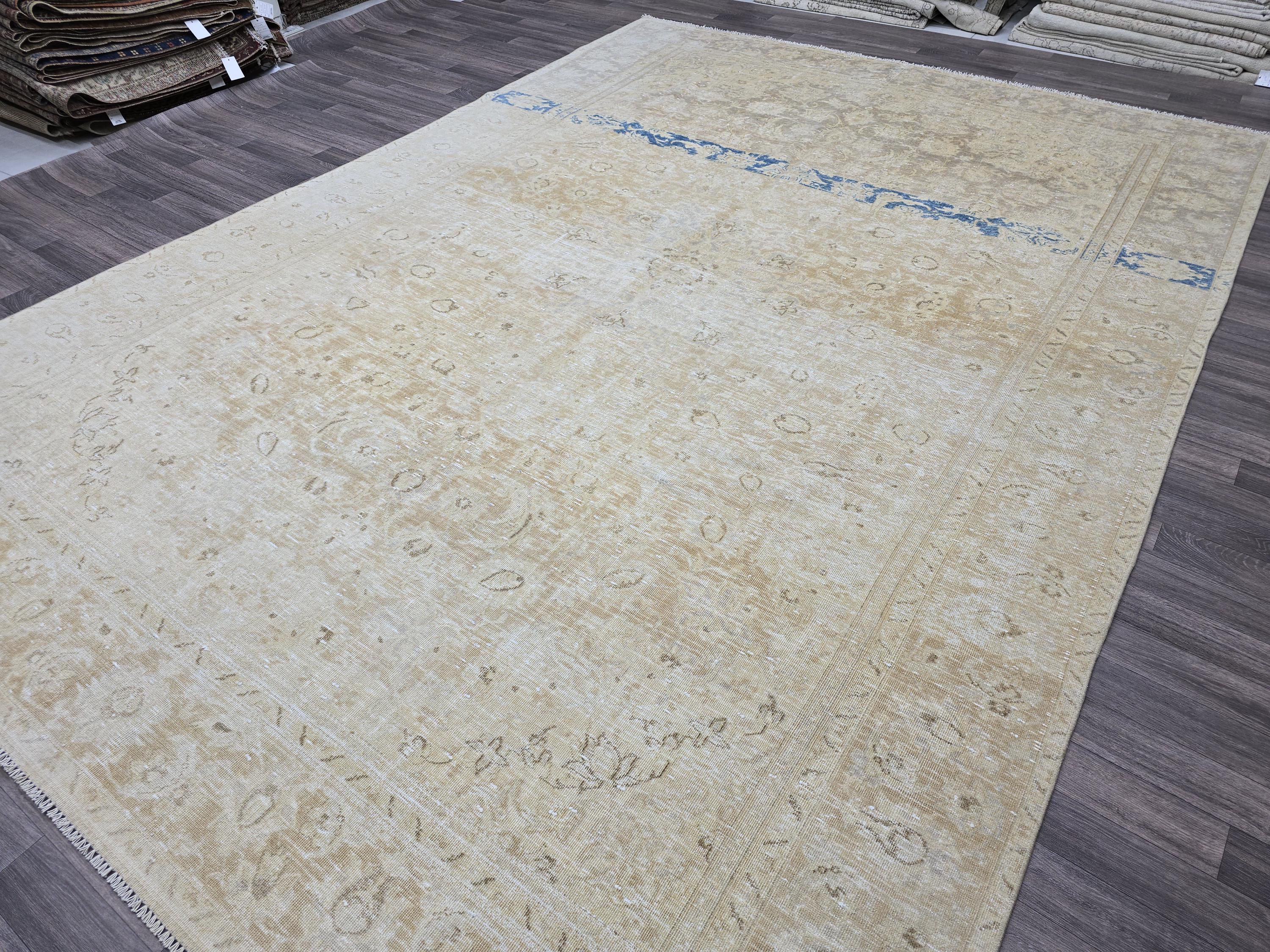 Vintage Turkish Oushak Rug 9x12: Handmade Wool Cream & Blue Boho Carpet