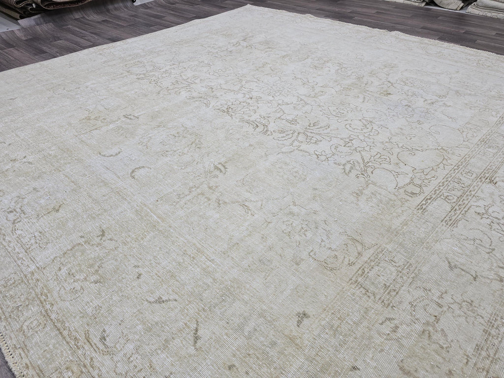 Square Vintage Persian Rug: 9x10 Cream Beige Wool Carpet