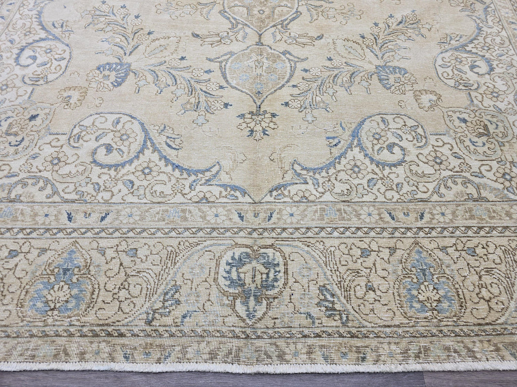 Vintage Turkish Oushak Rug: 10x13 Beige & Blue Handknotted Wool Carpet