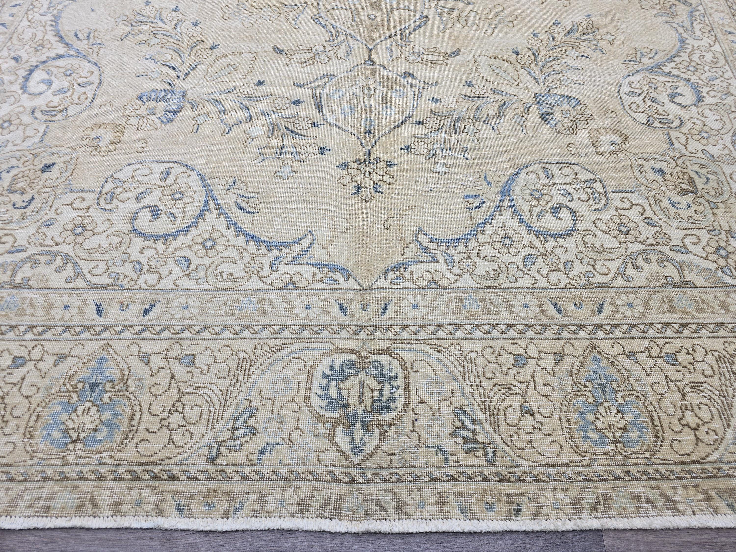 Vintage Turkish Oushak Rug: 10x13 Beige & Blue Handknotted Wool Carpet