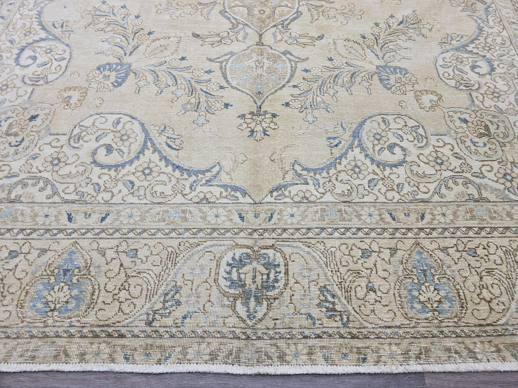 Vintage Turkish Oushak Rug: 10x13 Beige & Blue Handknotted Wool Carpet