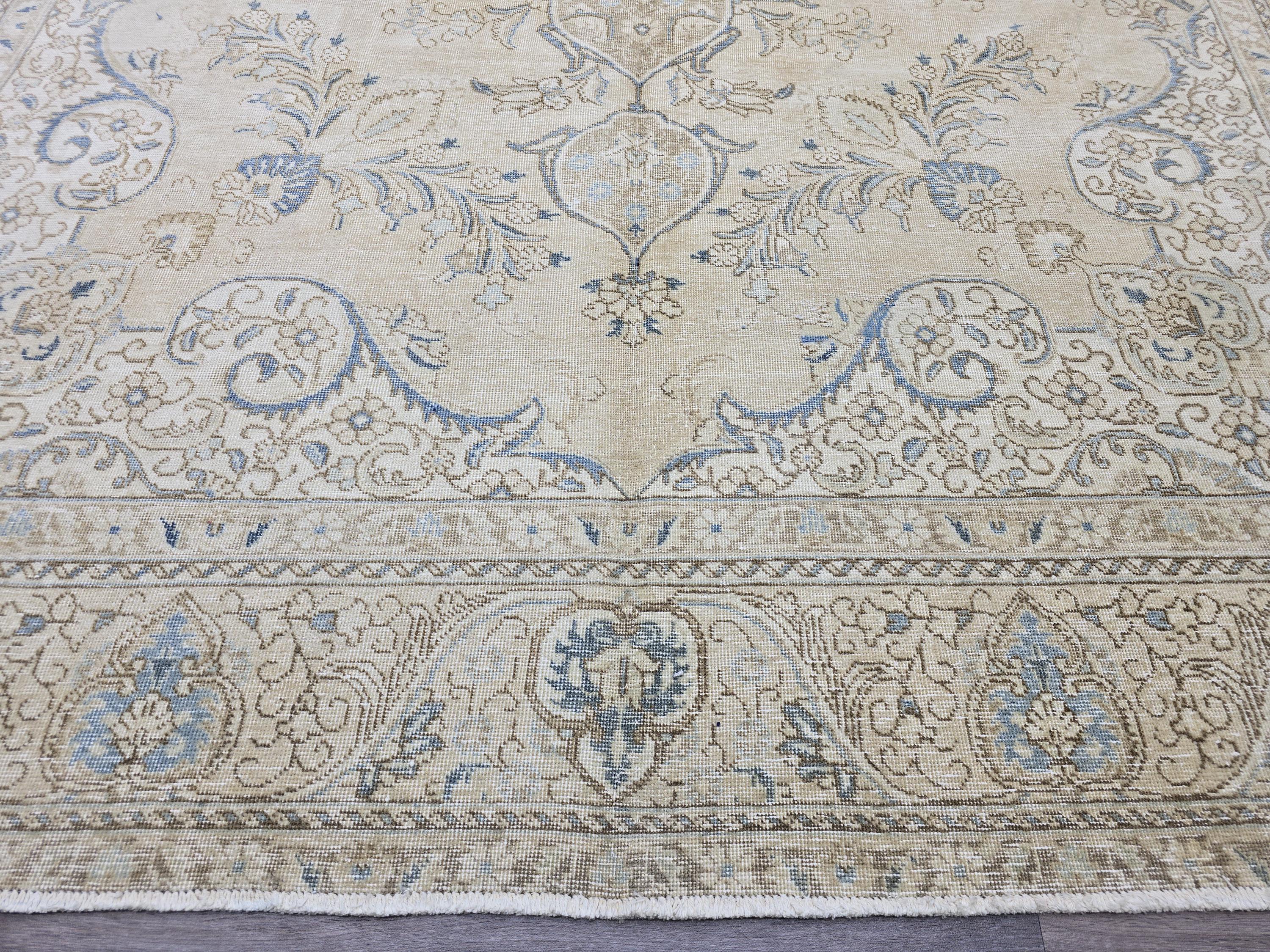 Vintage Turkish Oushak Rug: 10x13 Beige & Blue Handknotted Wool Carpet