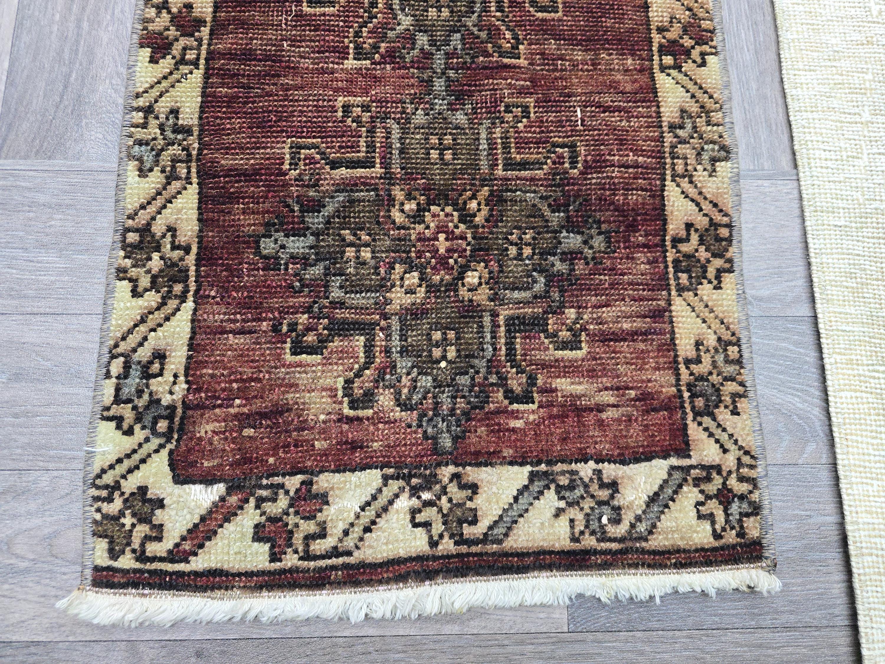 Vintage Turkish Wool Rug 2x3: Brown Beige Oushak Medallion Entry Mat