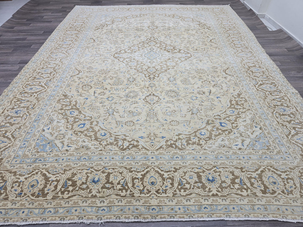 Vintage Oushak Rug 9x12: Handmade Wool, Blue Beige Floral Medallion