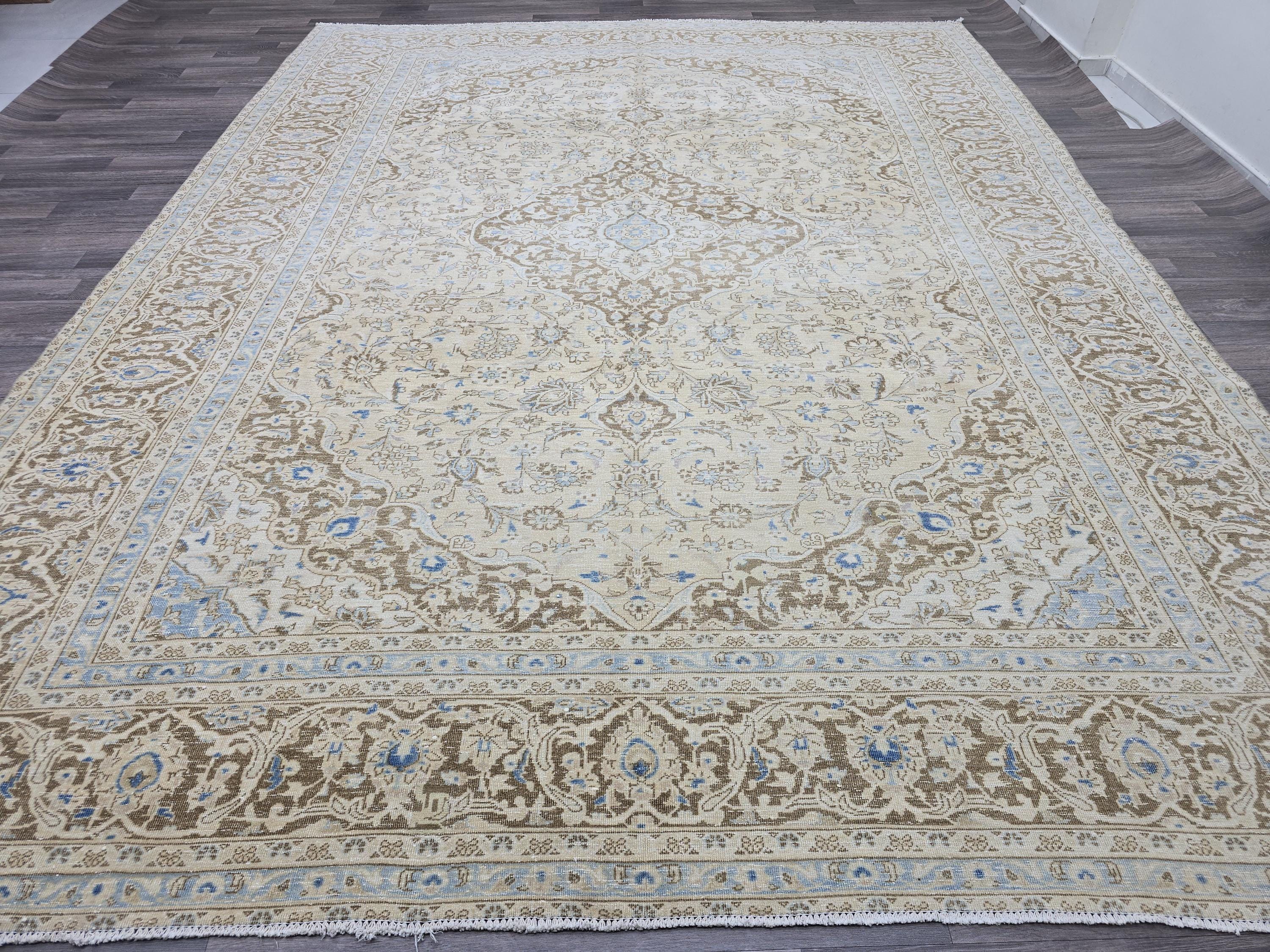 Vintage Oushak Rug 9x12: Handmade Wool, Blue Beige Floral Medallion